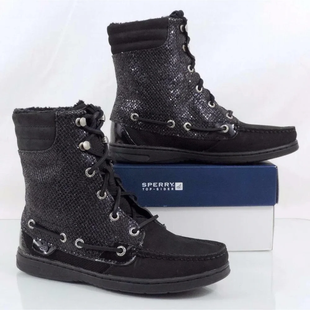 Sperry Top Sider Hiker Fish Boat Boots Lace Up Black Glitter Size 6 - Picture 6 of 8
